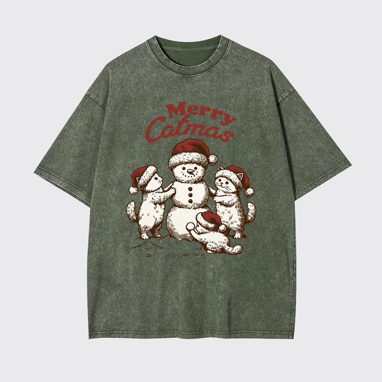 Merry Christmas Santa Snowman Cat Garment-dye Tees