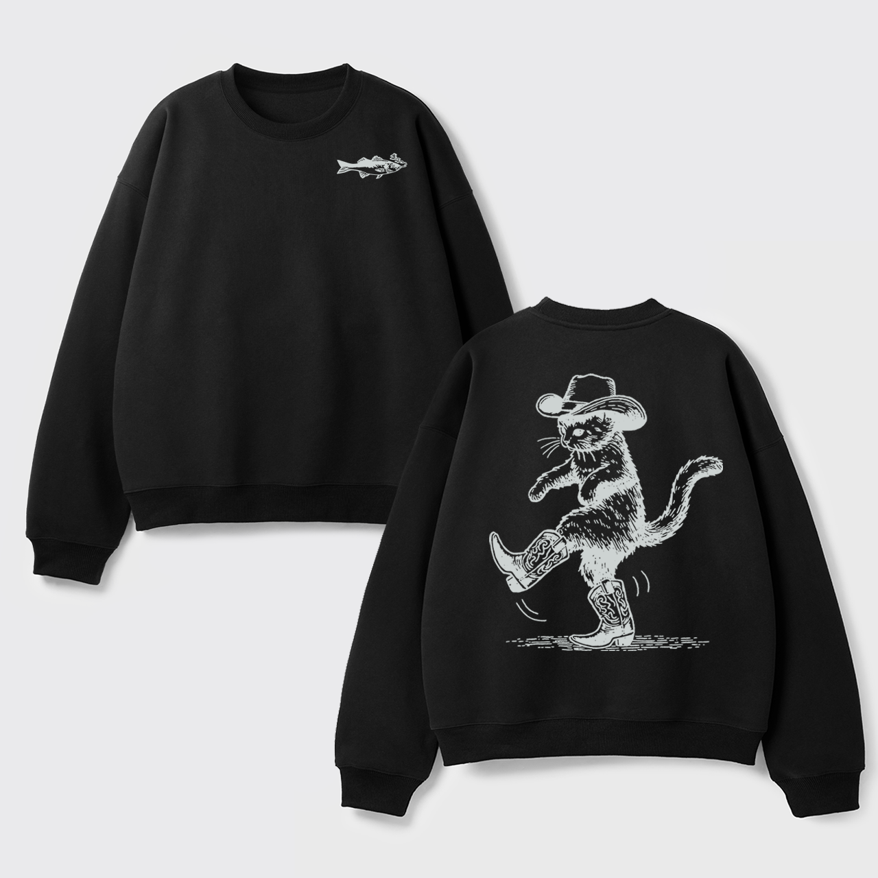 Fleece Cowboy Cat Looking for Fish Sweatshirt