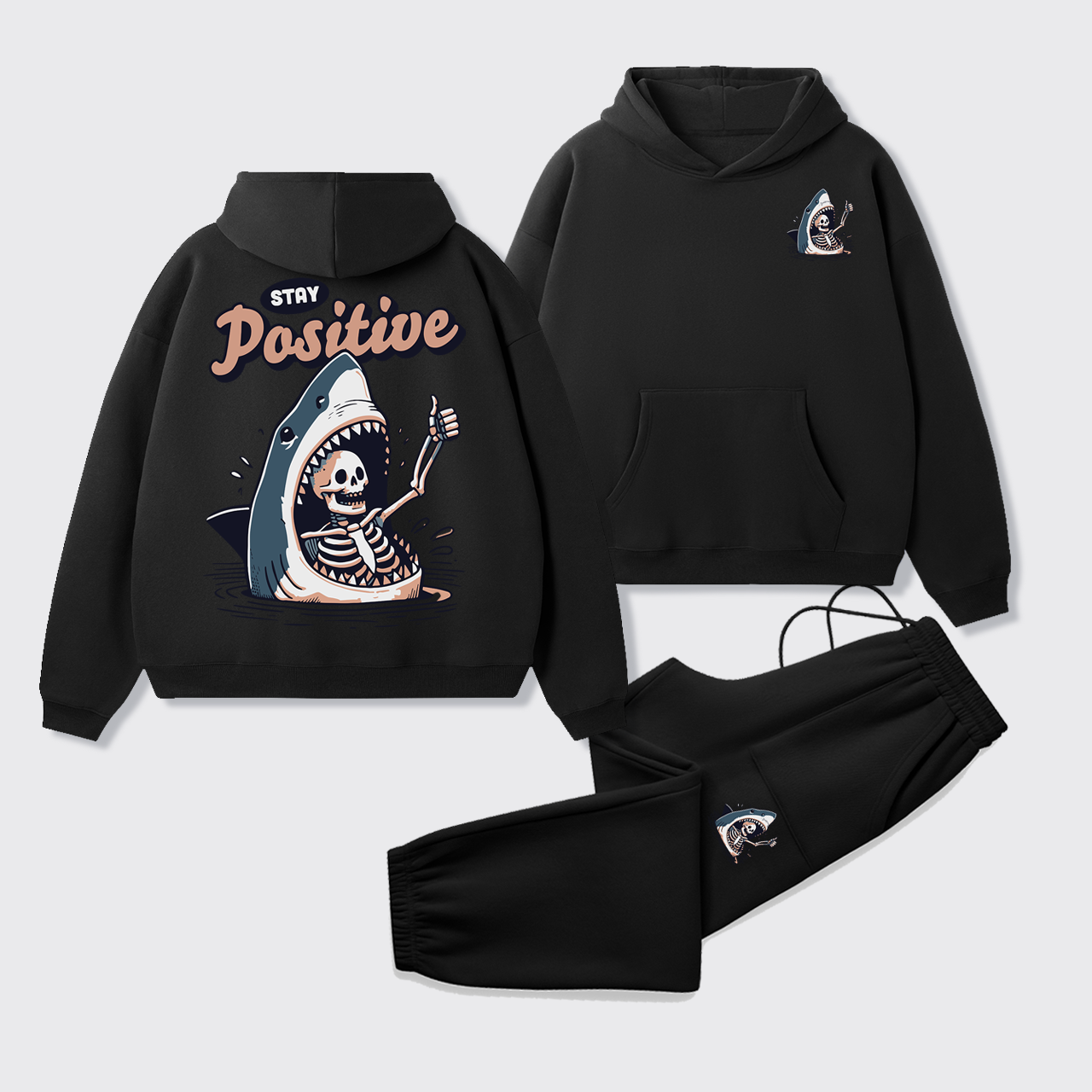Fleece Stay Positive Funny Shark and Skeleton Hoodie Set