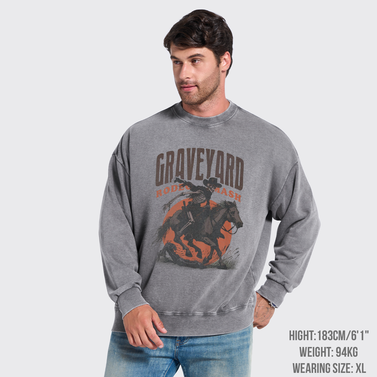 Retro Skeleton Cowboy Vintage Western Washed Sweatshirts