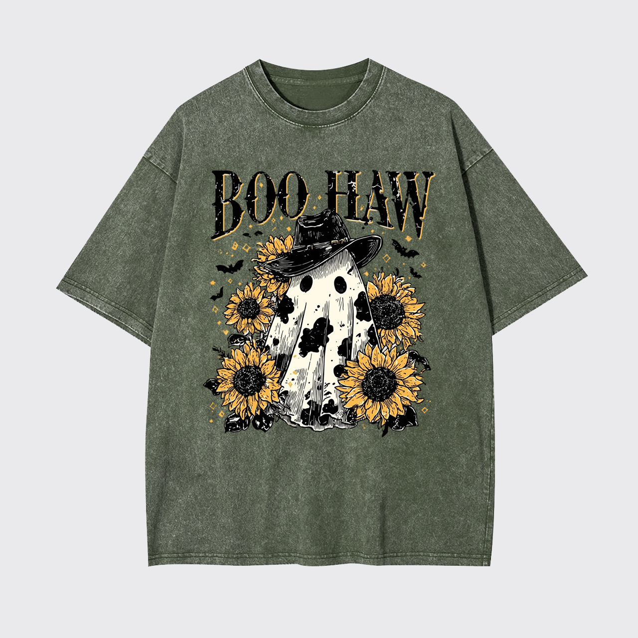 Boo Haw Cow Spot Ghost Western Halloween Garment-dye Tees