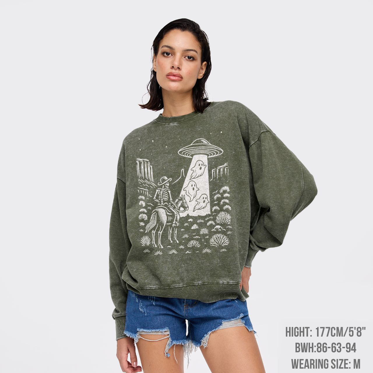Halloween Ghost Cowboy Skeleton UFO Washed Sweatshirts