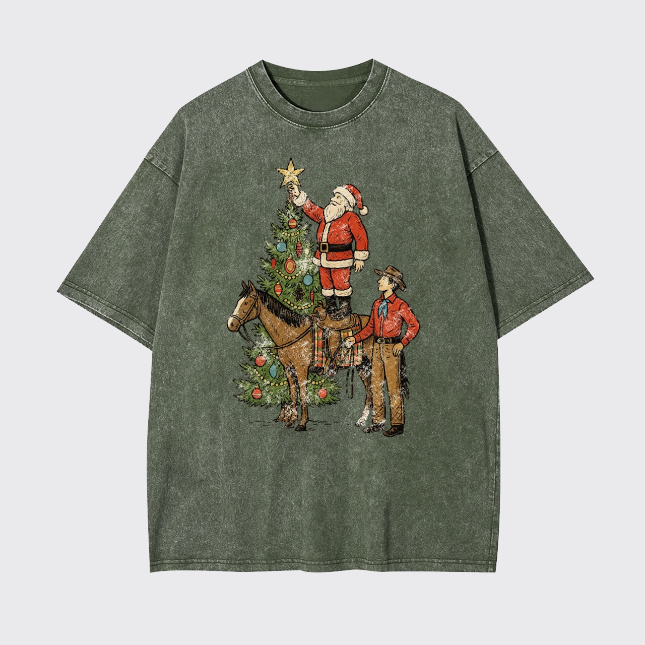 Vintage Santa and Cowboy Christmas Tree Garment-dye Tees