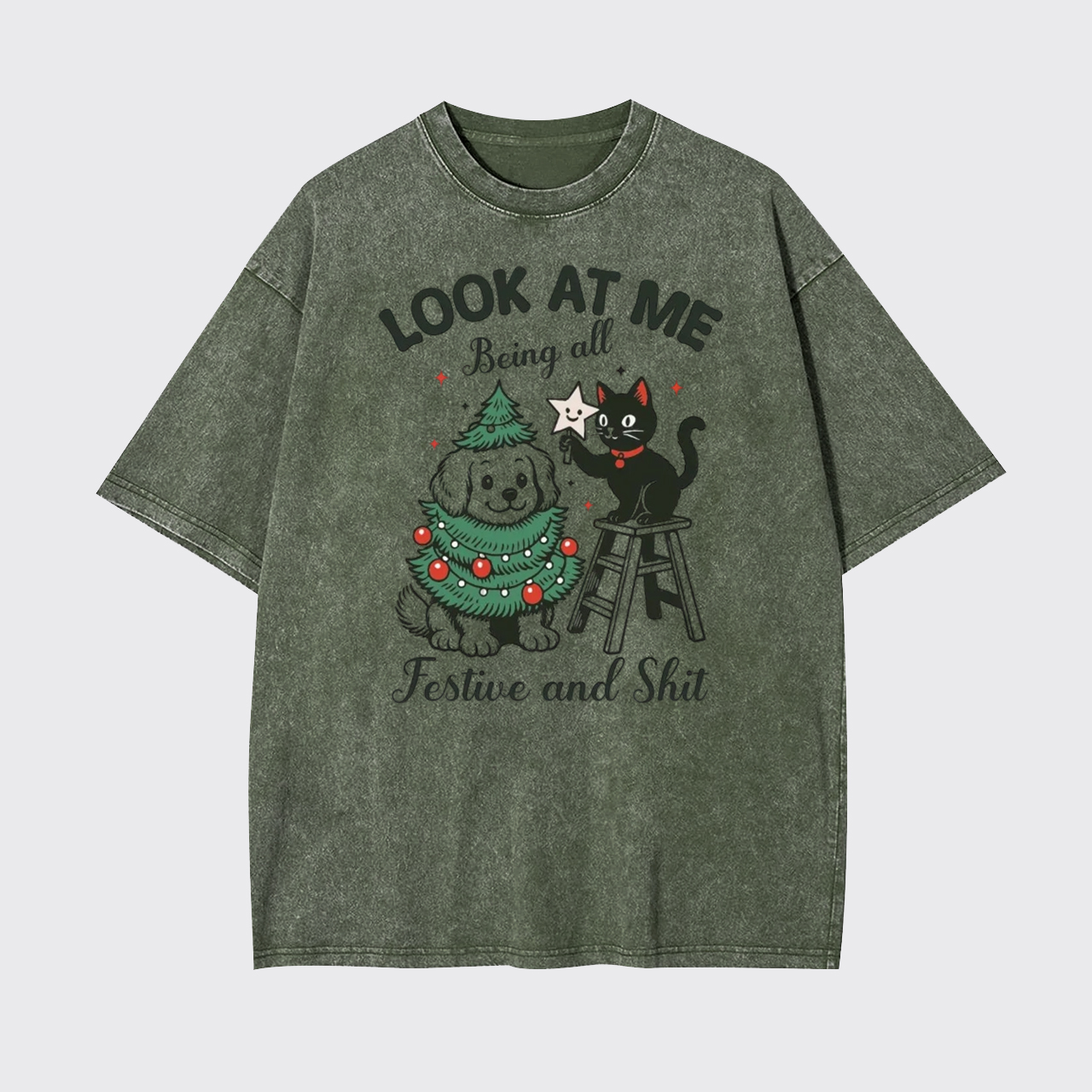 Look At Me Black Cat Christmas Garment-dye Tees