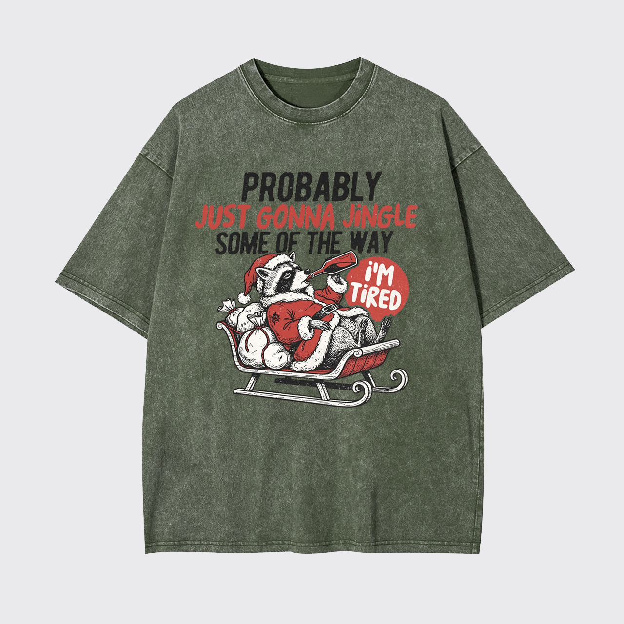Humorous Christmas Tired Raccoon Garment-dye Tees