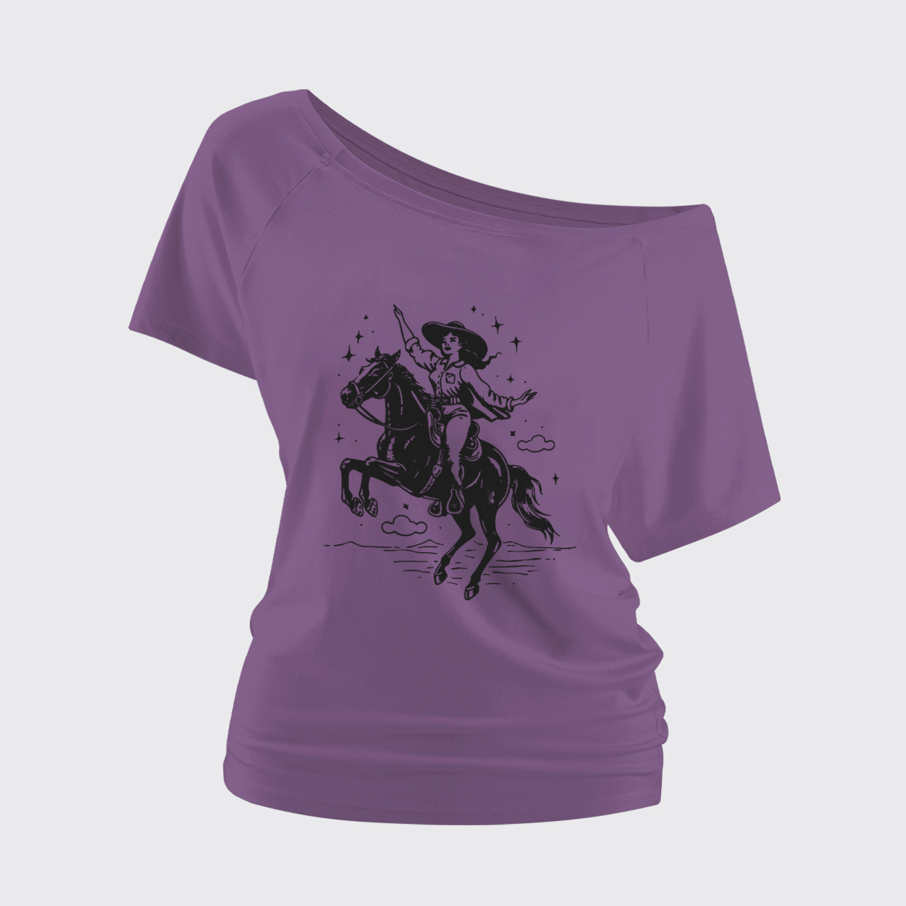 Rodeo Cowgirl Riding Horse Off Shoulder Top
