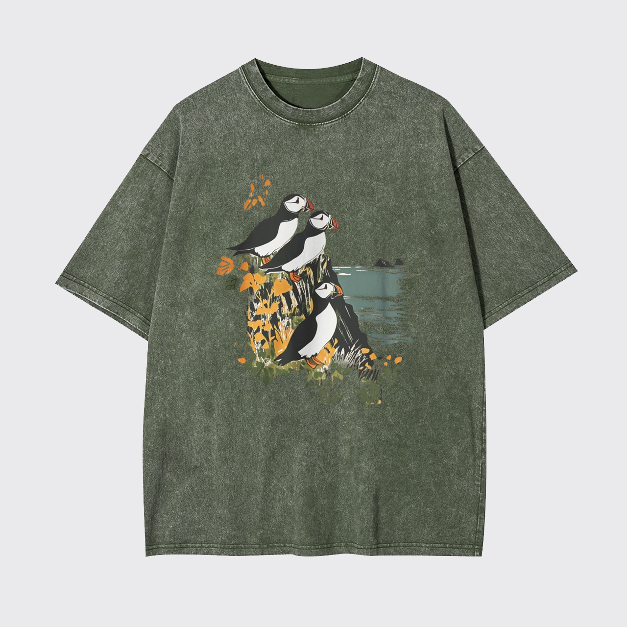 Atlantic Cliffside Puffins Bird Watcher Garment-dye Tees