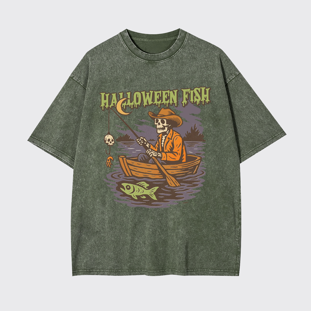 Halloween Fishing Ghost Bait Skeleton Garment-dye Tees