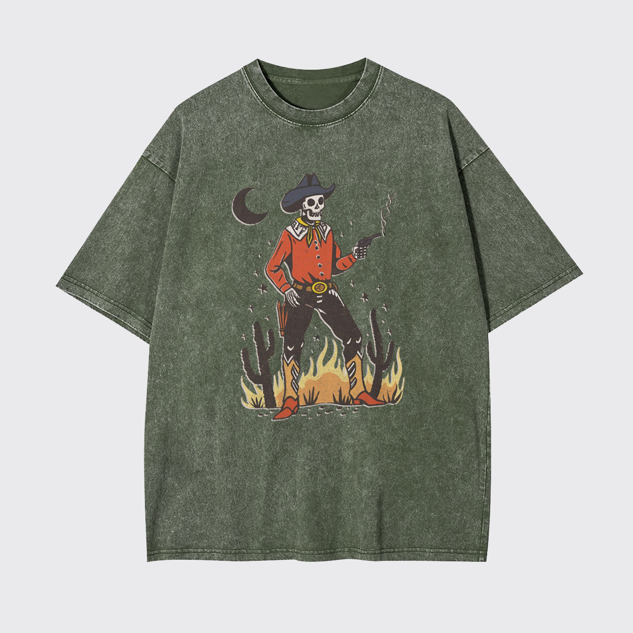Skeleton Western Halloween Retro Desert Garment-dye Tees