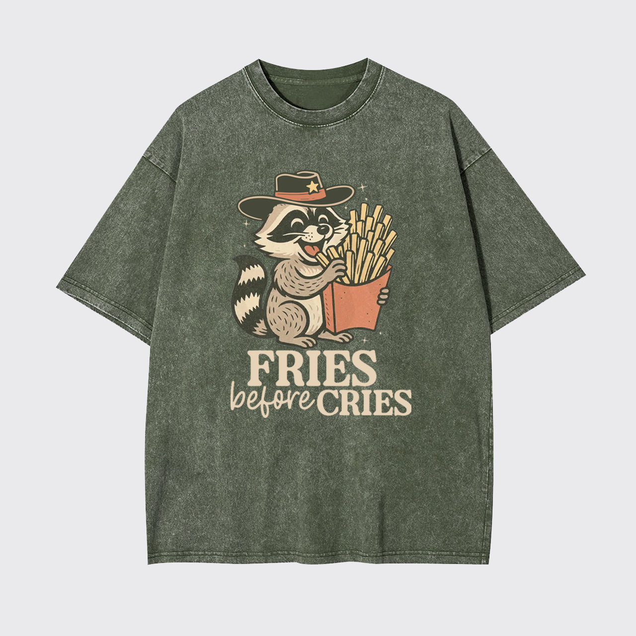 Funny Raccoon Mental Health Fries Before Cries Garment-dye Tees