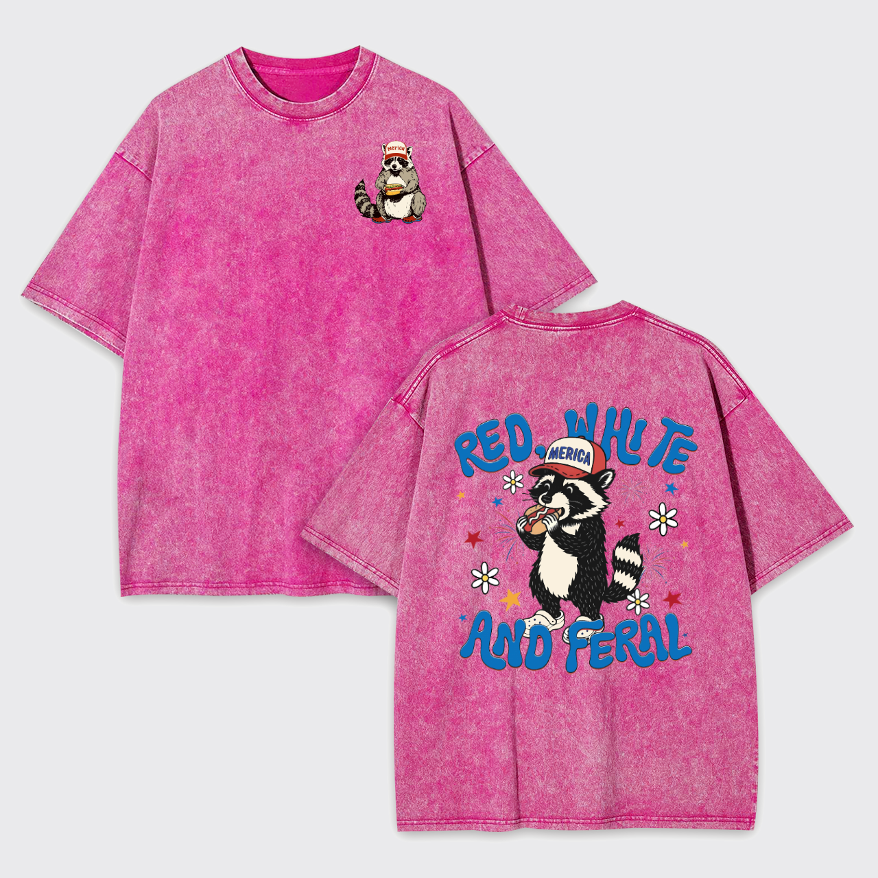 Funny Raccoon-Red White And Feral Garment-dye Tees