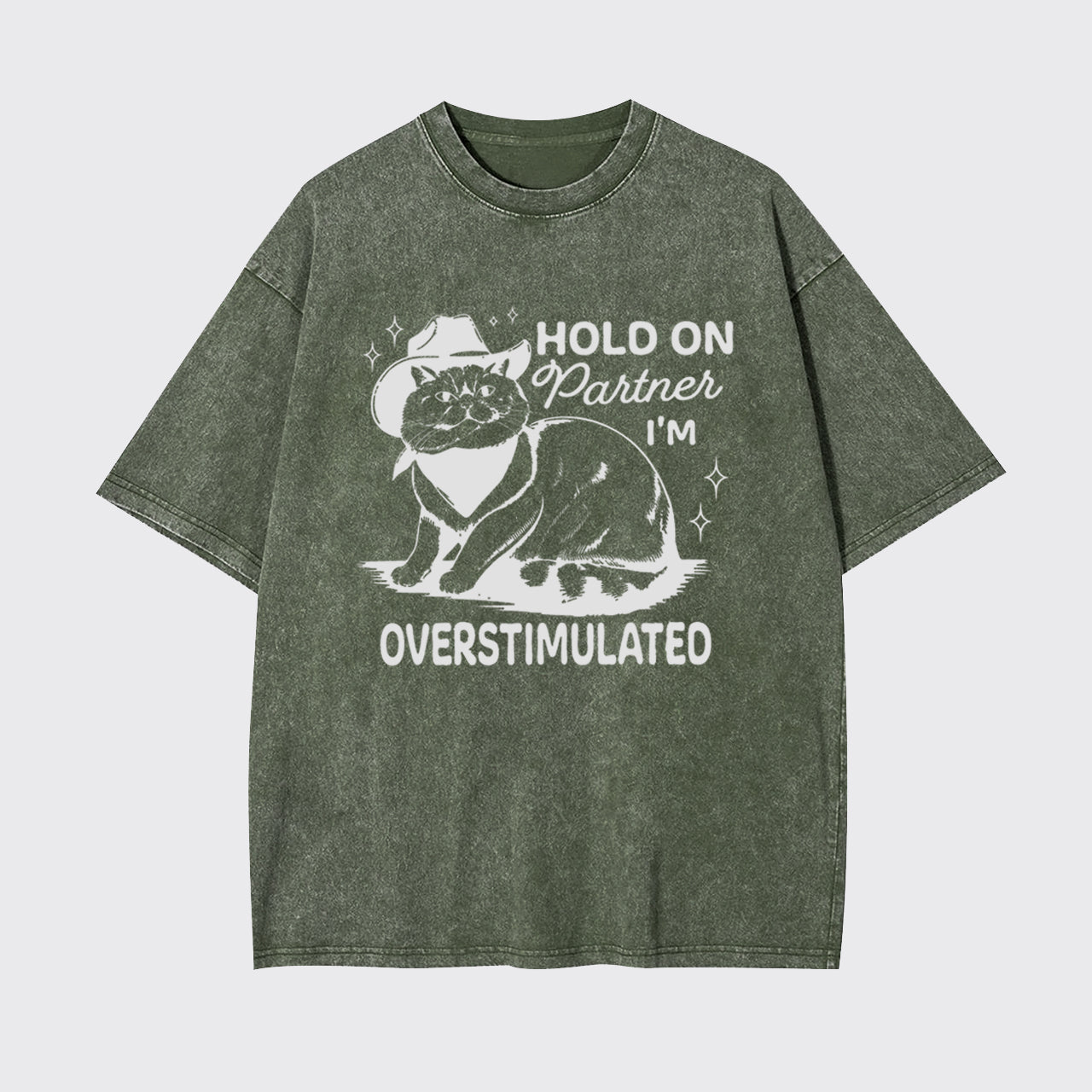 Funny Sarcastic Cat 90s Hold On Partner I'm Overstimulated Garment-dye Tees