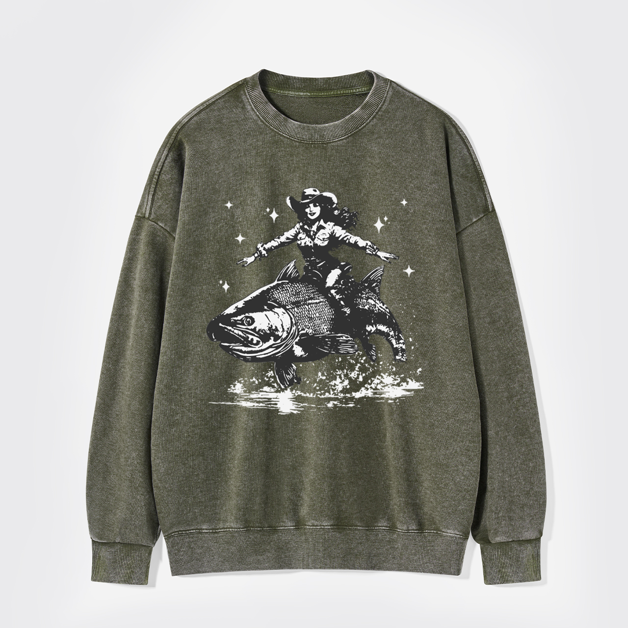 Cowgirl Riding A Fish Washed Sweatshirts