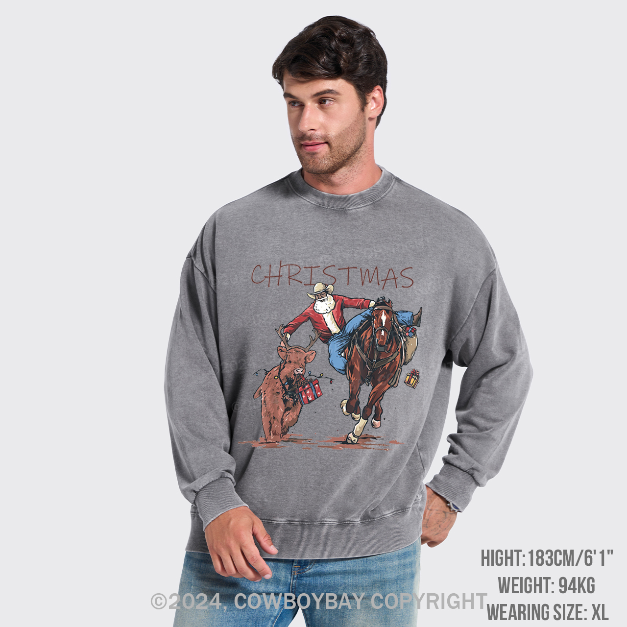 Cowboy Santa Claus Bullfight Washed Sweatshirts