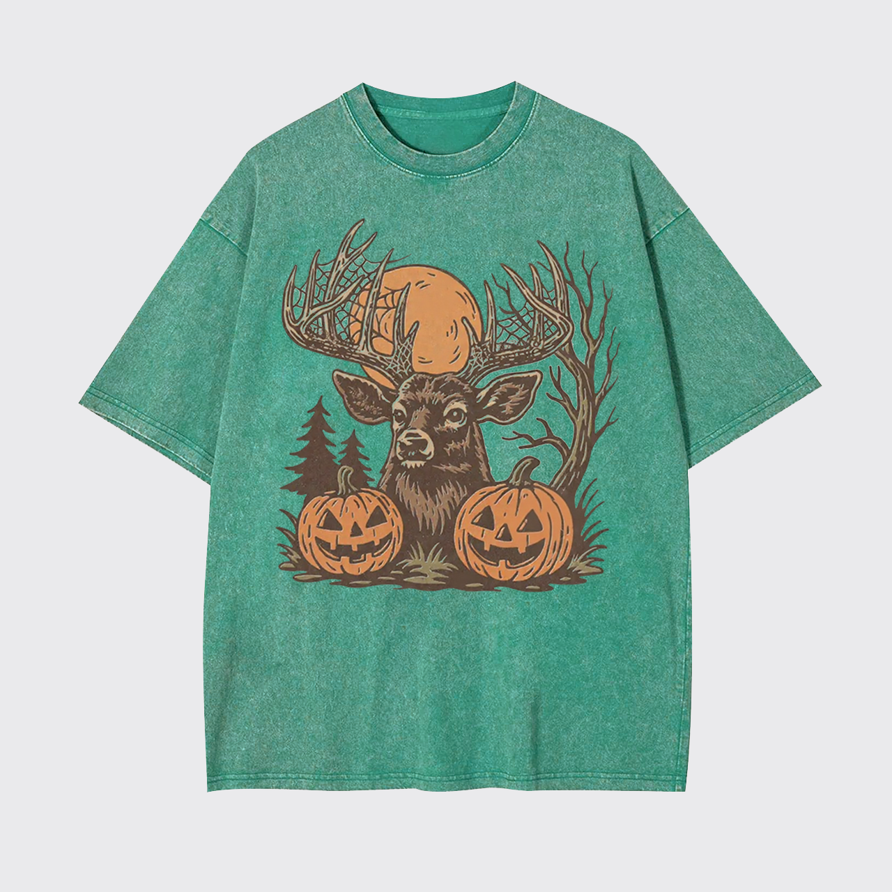 Spooky Forest Buck With Pumpkins Garment-dye Tees