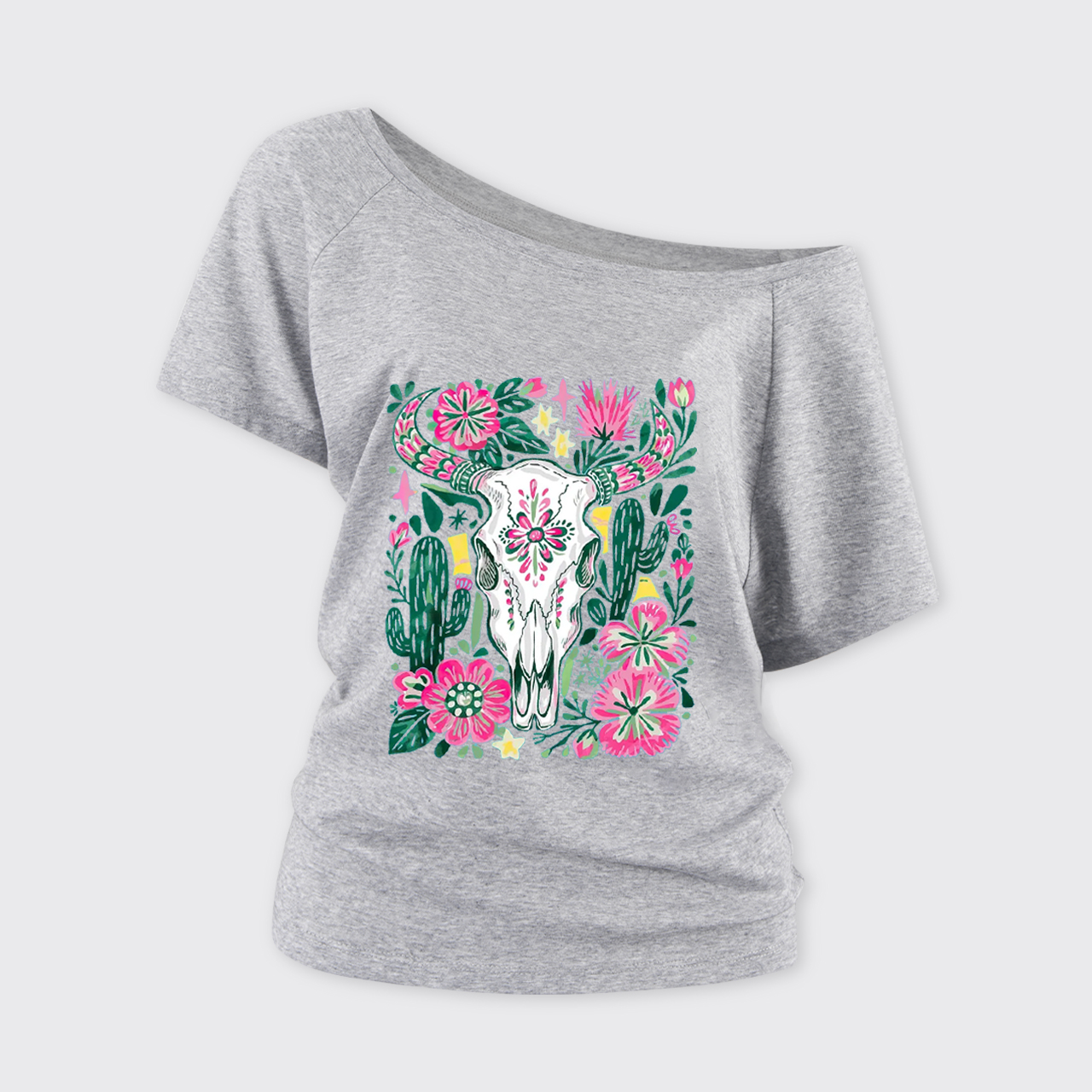 Western Floral Cow Skull Off Shoulder Top