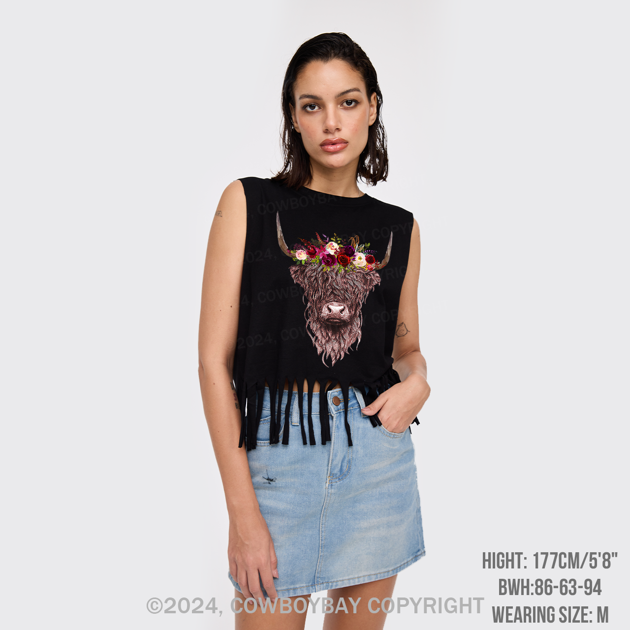 Flower Highland Cow Fringe Tank