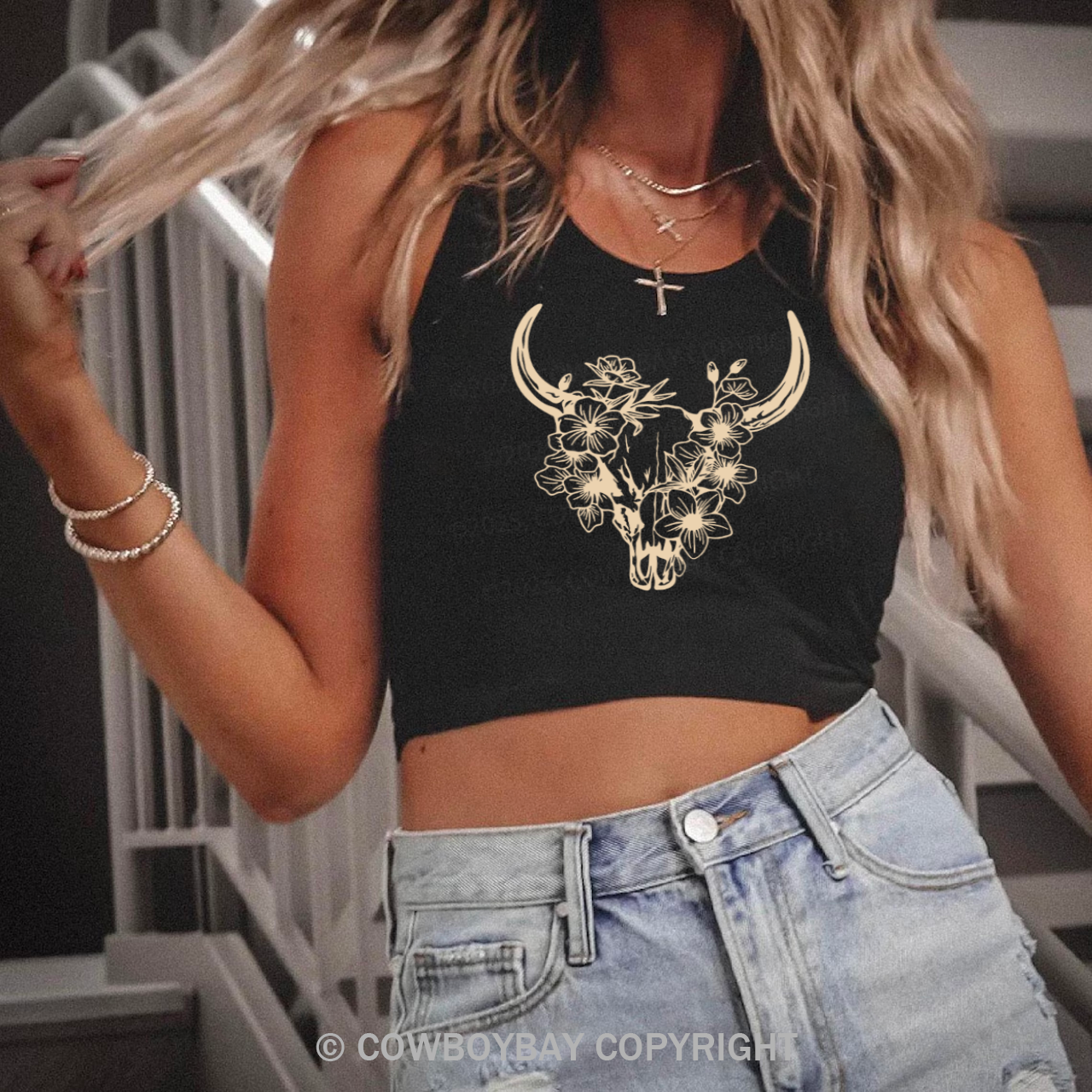 Floral Cow Skull Country Tank Top