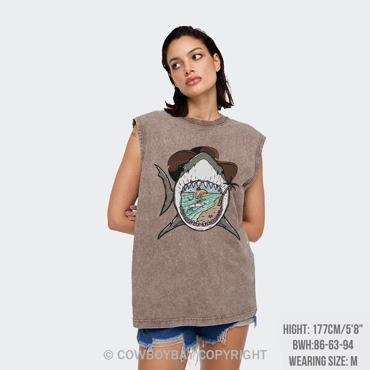 Surfing Shark Cowboy Washed Tanks