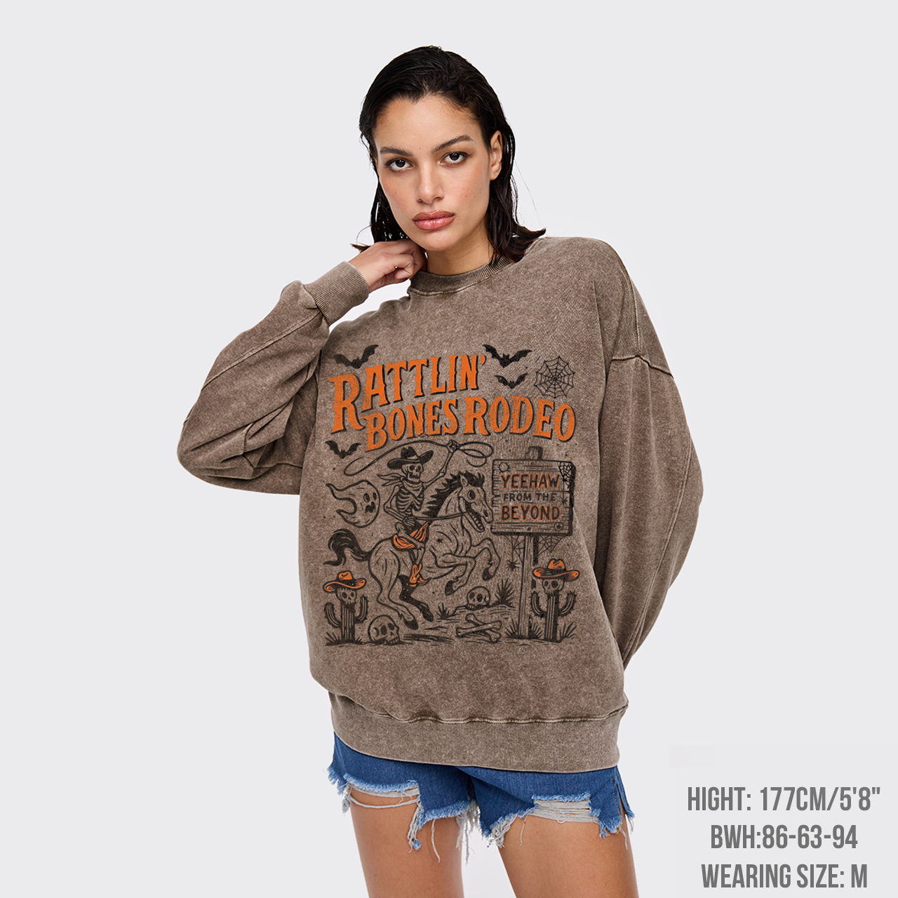 Rattlin' Bones Rodeo Skeleton Cowboy Halloween Washed Sweatshirts