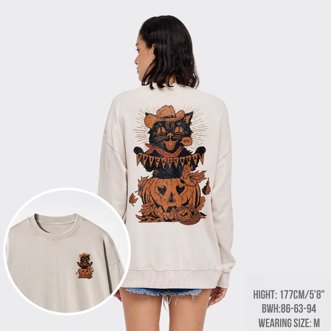 Trick Or Treat Halloween Black Cat Washed Sweatshirts