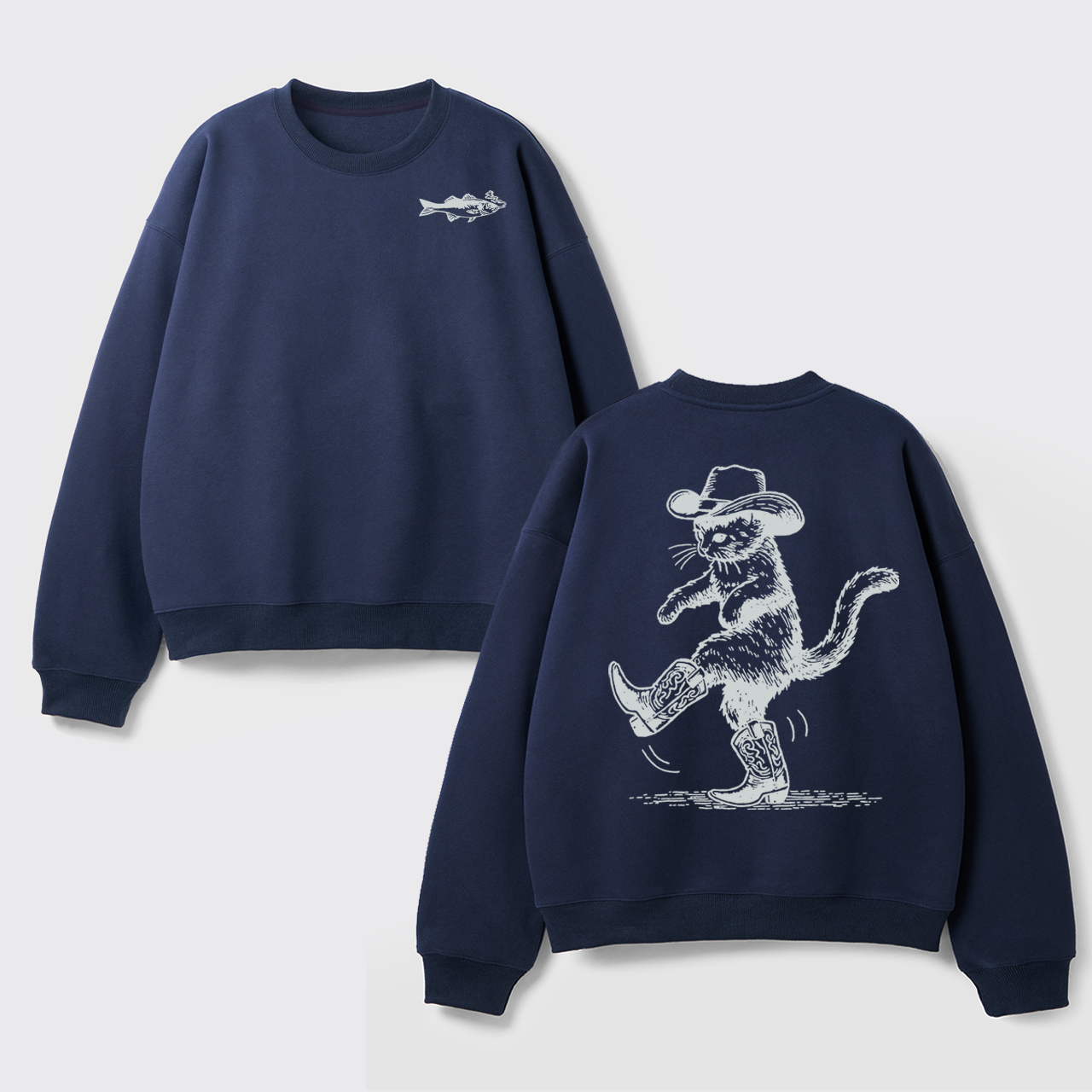 Fleece Cowboy Cat Looking for Fish Sweatshirt