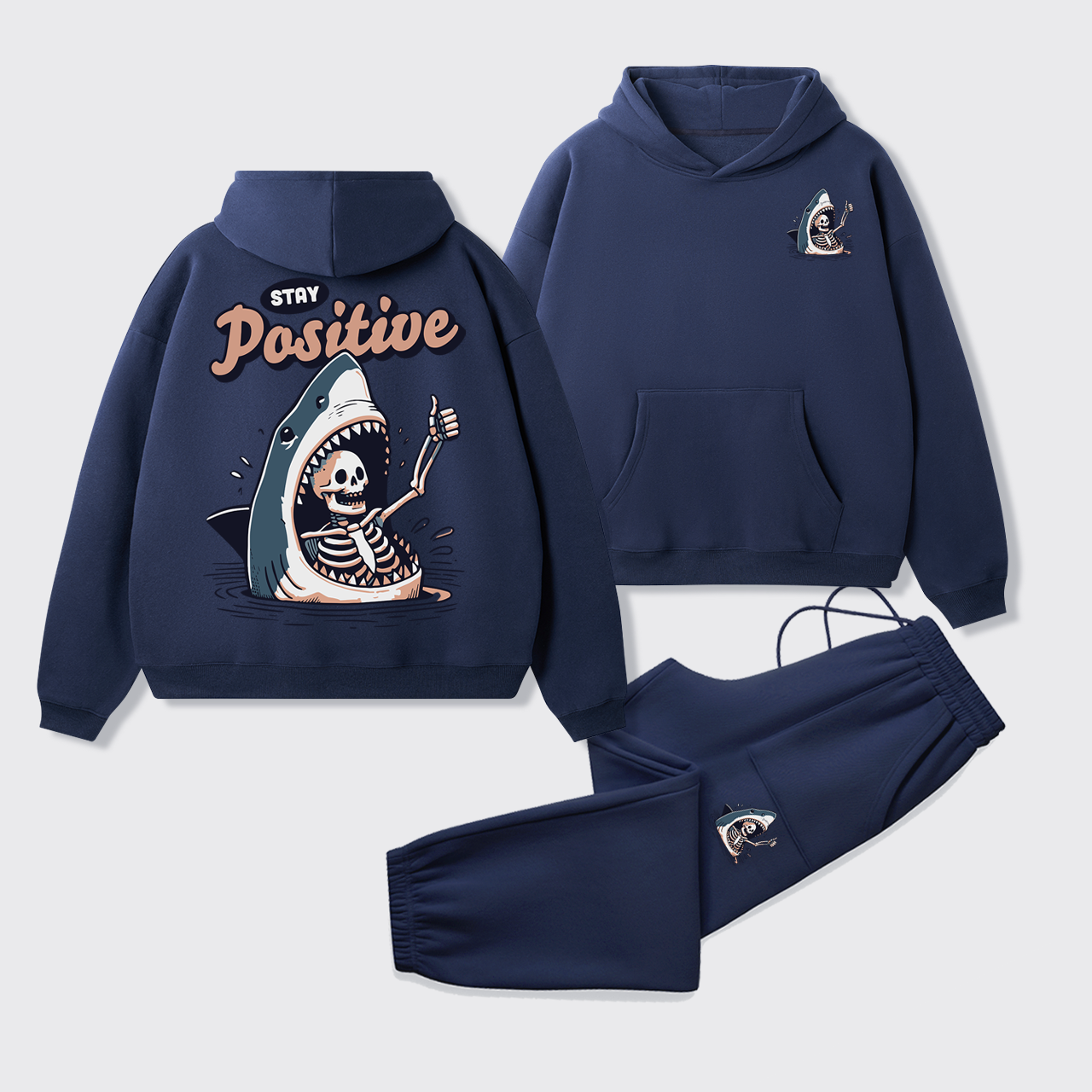 Fleece Stay Positive Funny Shark and Skeleton Hoodie Set