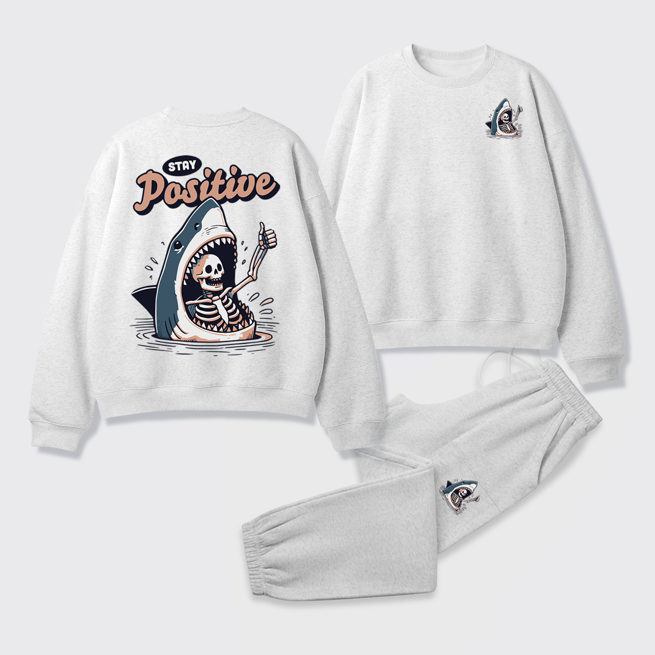 Fleece Stay Positive Funny Shark and Skeleton Sweatshirt Set