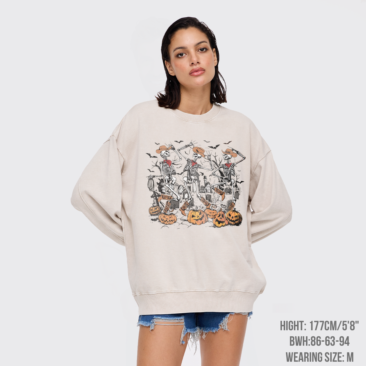 Retro Halloween Skeleton Cowboy Washed Sweatshirts
