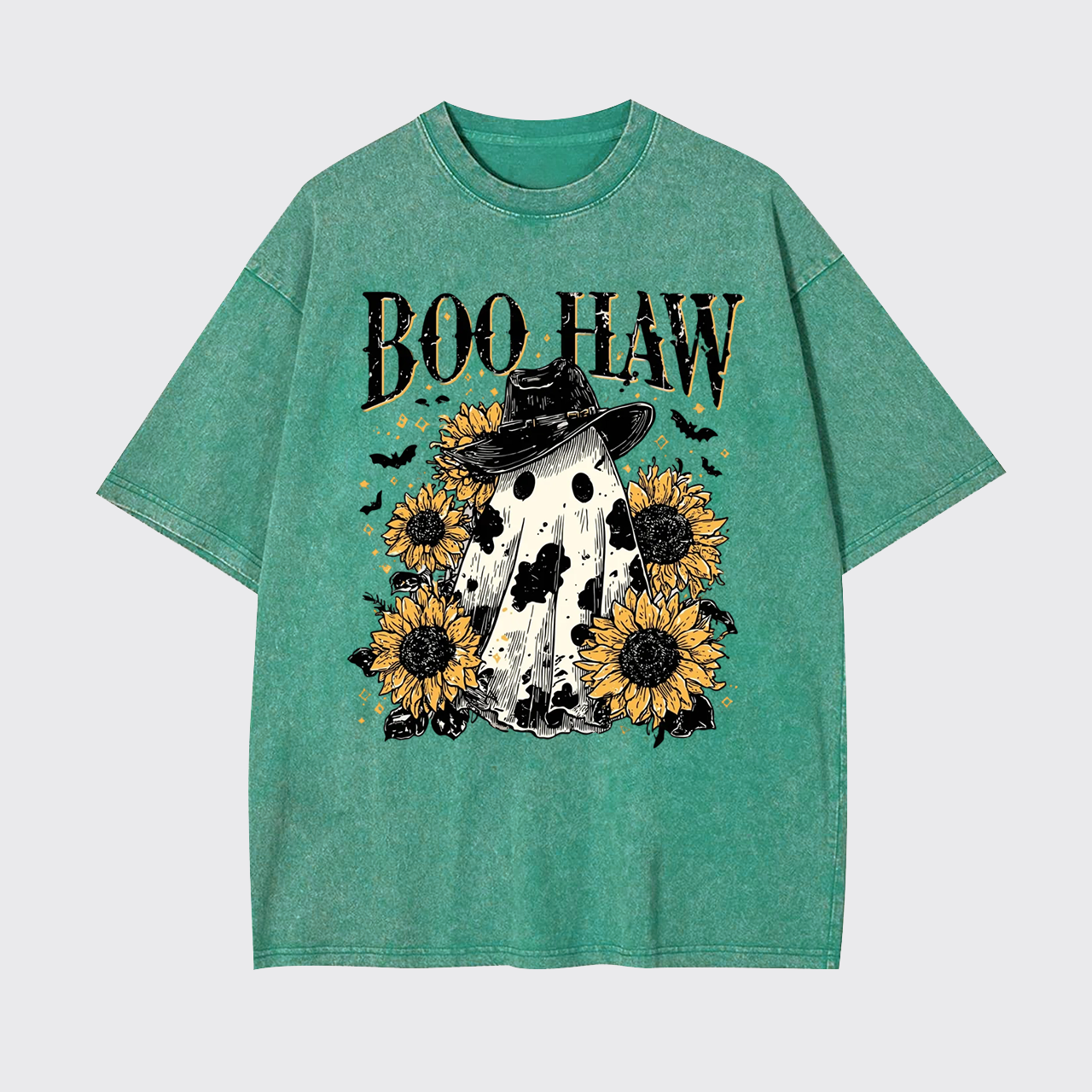 Boo Haw Cow Spot Ghost Western Halloween Garment-dye Tees
