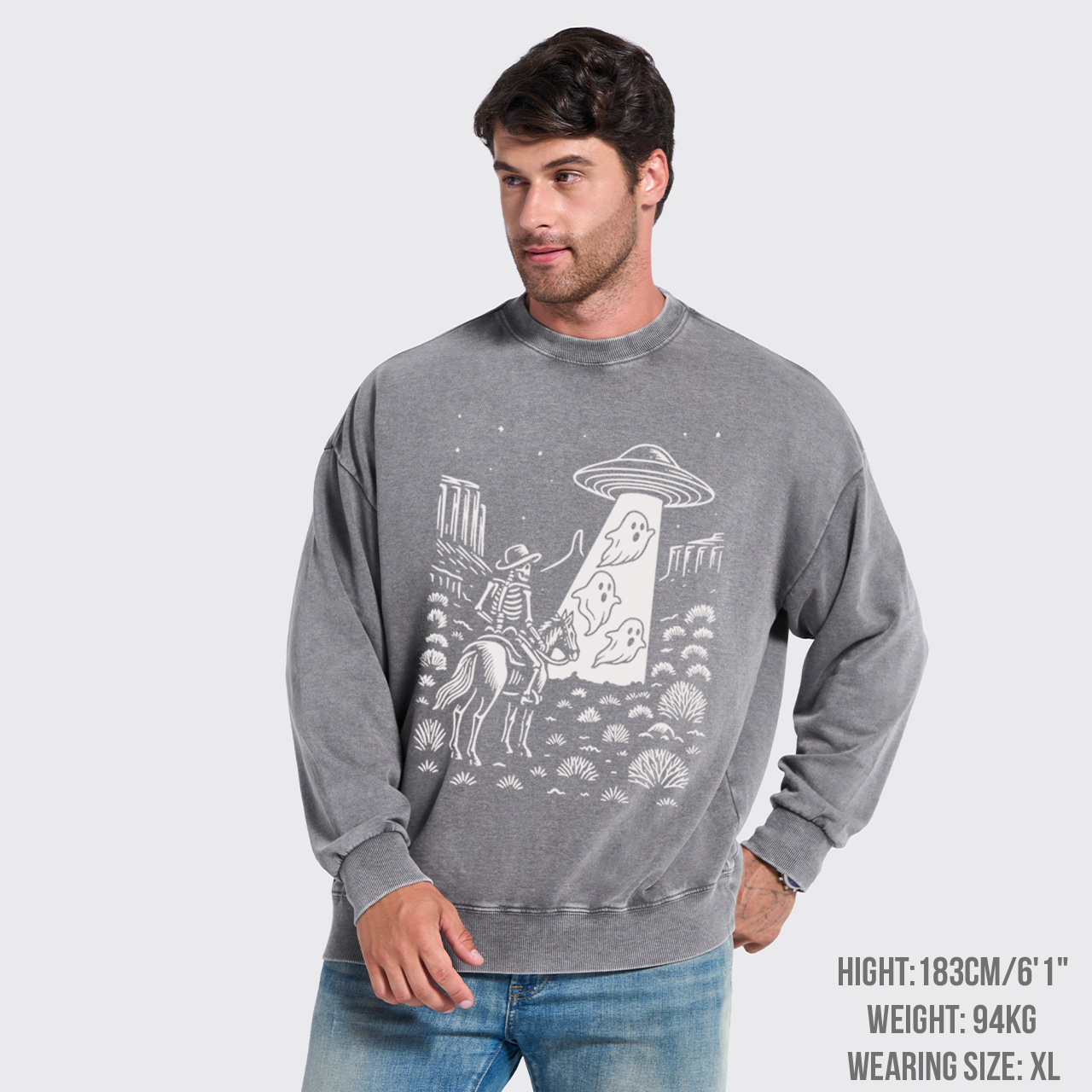 Halloween Ghost Cowboy Skeleton UFO Washed Sweatshirts