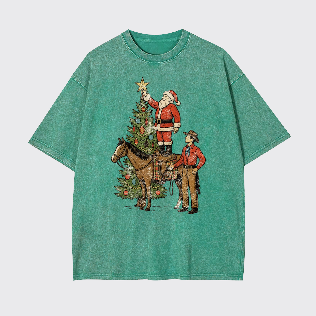 Vintage Santa and Cowboy Christmas Tree Garment-dye Tees