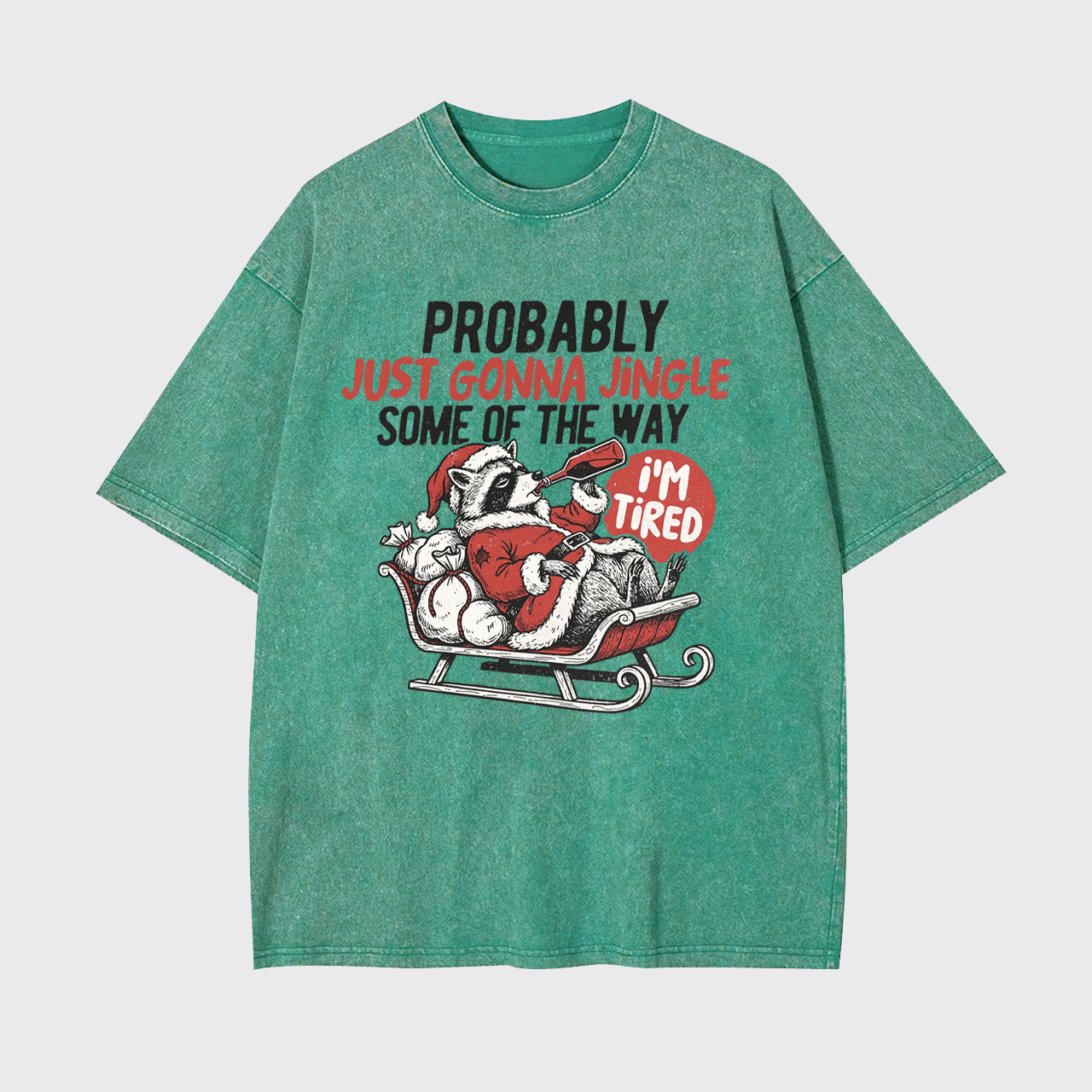 Humorous Christmas Tired Raccoon Garment-dye Tees