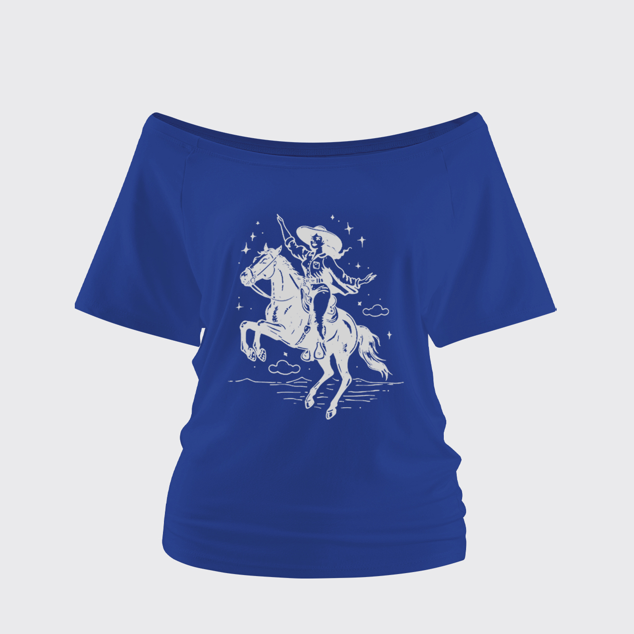 Rodeo Cowgirl Riding Horse Off Shoulder Top