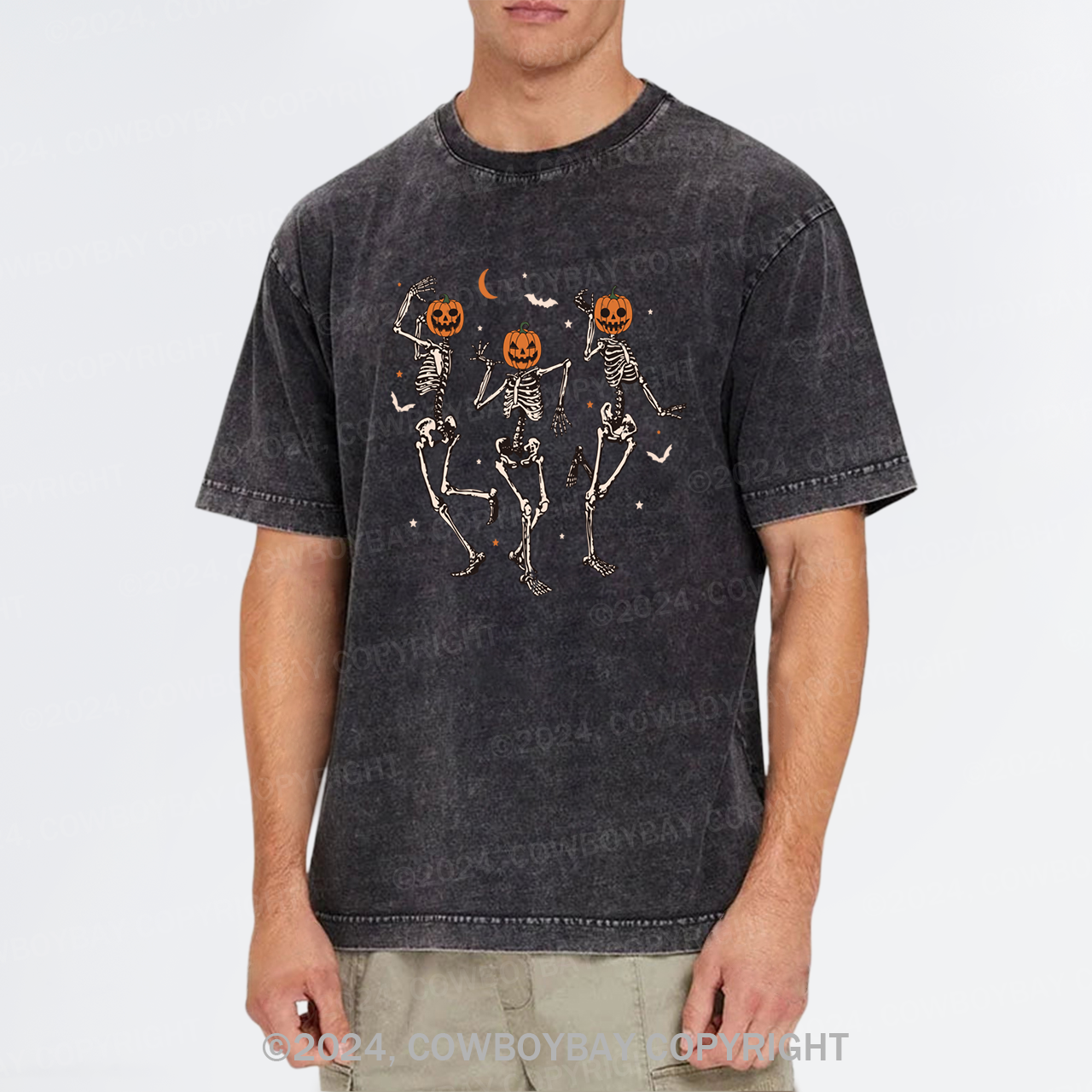 Dancing Skeleton Pumpkin Face Garment-dye Tees