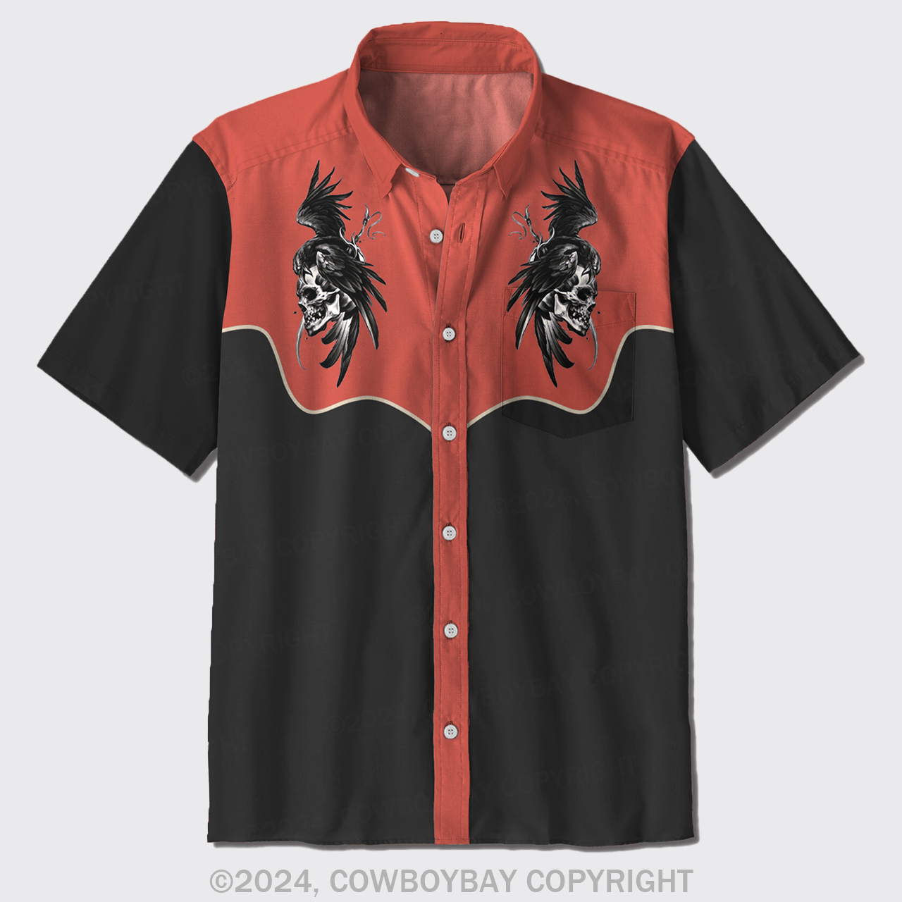 Gothic Raven On Cracked Skull Button Up Shirts