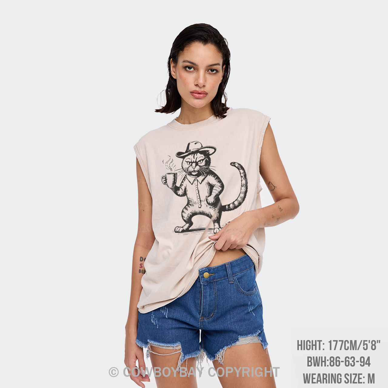 Coffee Addict Funny Cat Washed Tanks