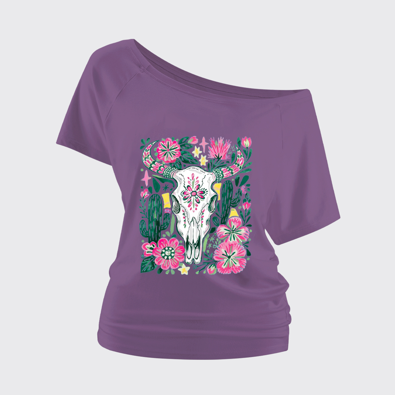 Western Floral Cow Skull Off Shoulder Top
