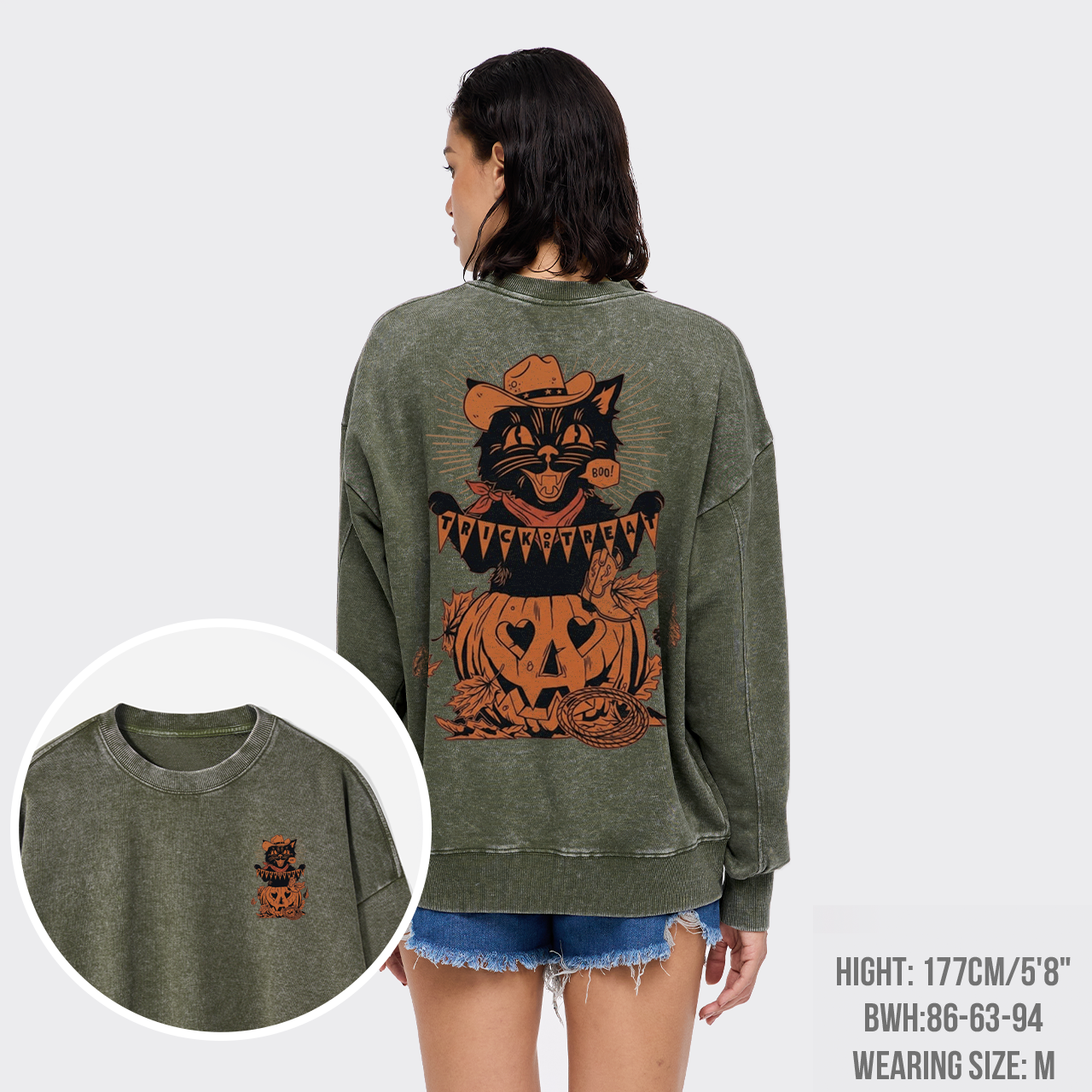 Trick Or Treat Halloween Black Cat Washed Sweatshirts