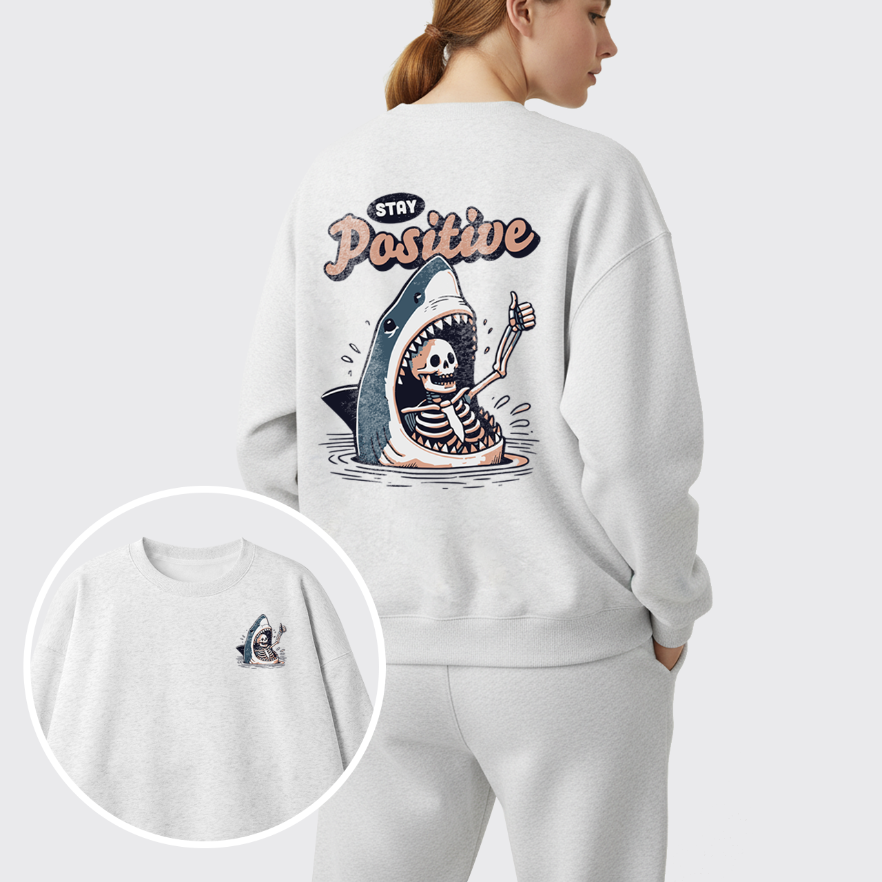 Fleece Stay Positive Funny Shark and Skeleton Sweatshirt Set