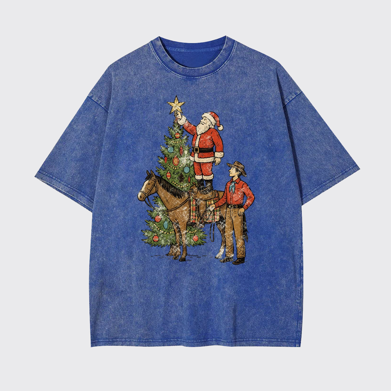 Vintage Santa and Cowboy Christmas Tree Garment-dye Tees