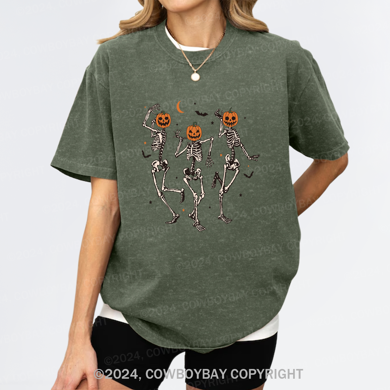 Dancing Skeleton Pumpkin Face Garment-dye Tees