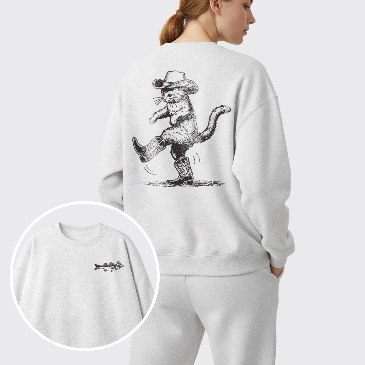 Fleece Cowboy Cat Looking for Fish Sweatshirt Set