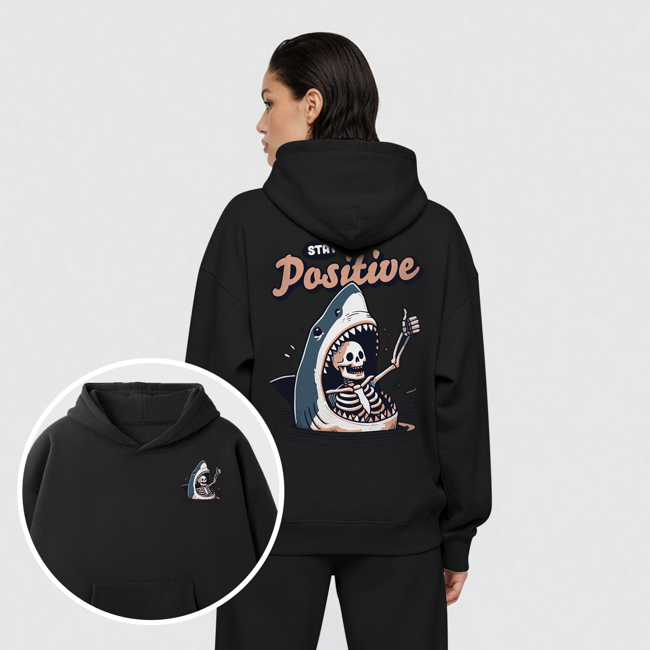 Fleece Stay Positive Funny Shark and Skeleton Hoodie Set