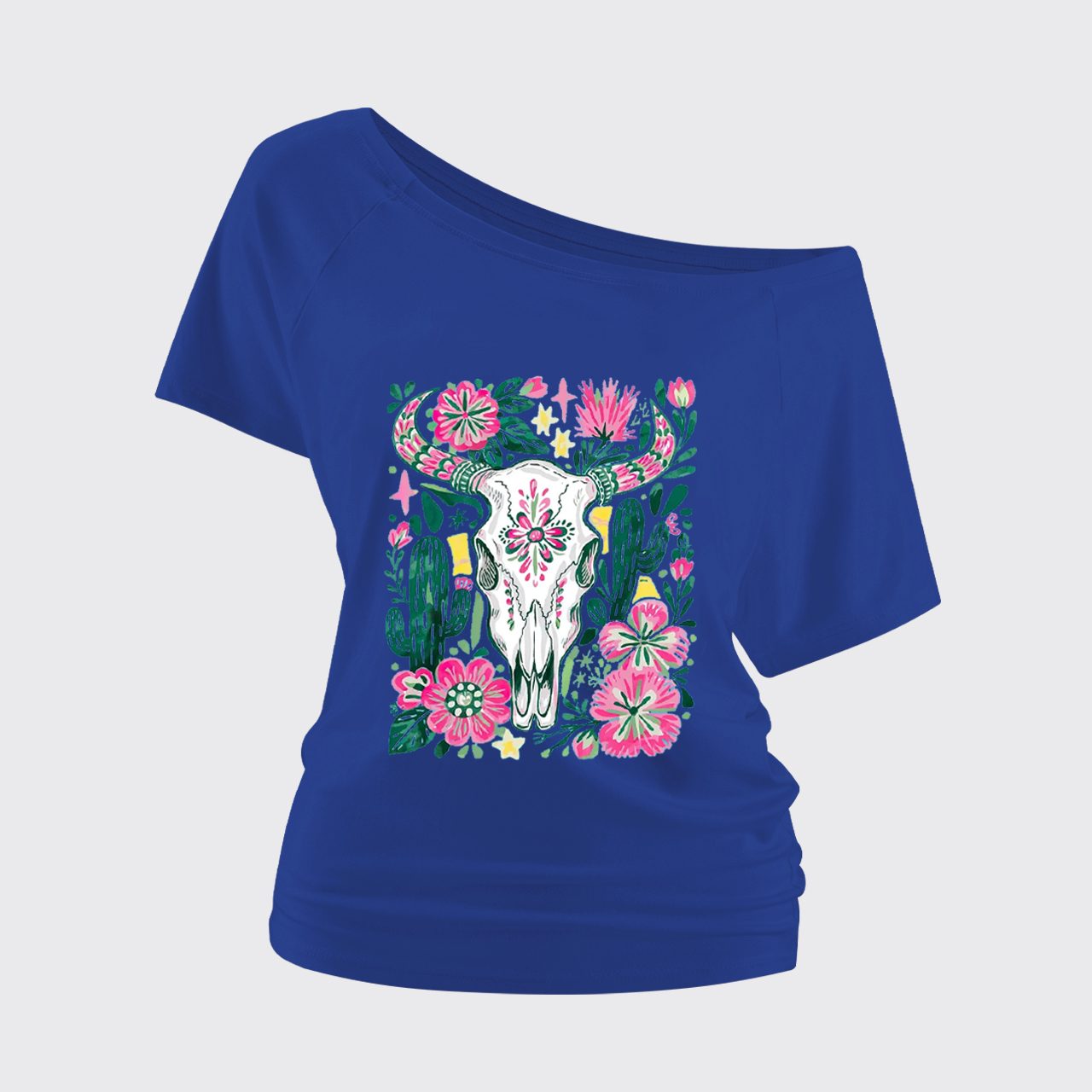 Western Floral Cow Skull Off Shoulder Top