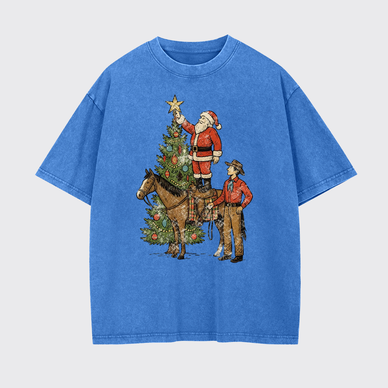 Vintage Santa and Cowboy Christmas Tree Garment-dye Tees