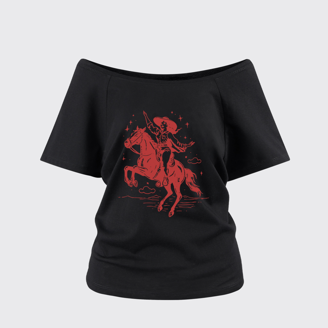 Rodeo Cowgirl Riding Horse Off Shoulder Top