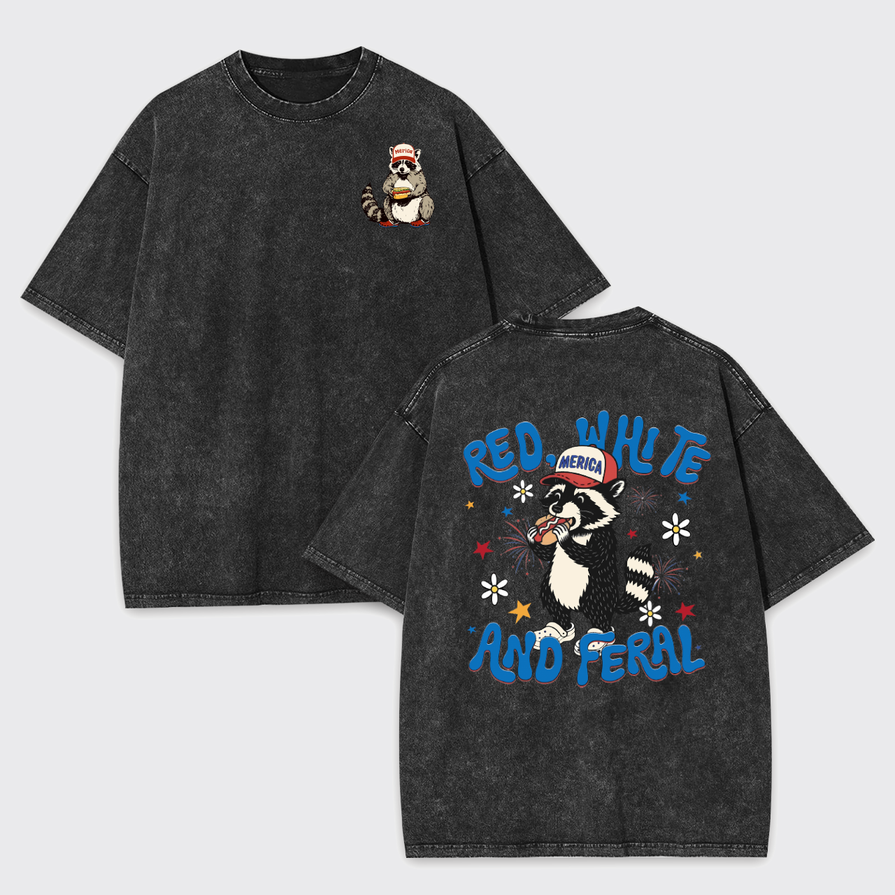 Funny Raccoon-Red White And Feral Garment-dye Tees