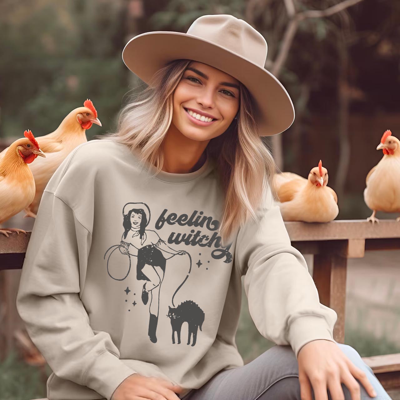 Feeling Witchy Cowgirl Cat Halloween Sweatshirt