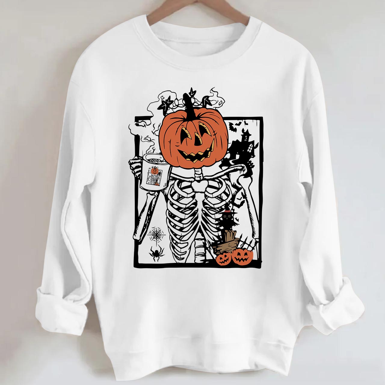 Skeleton Pumpkin Coffee Halloween Sweatshirt